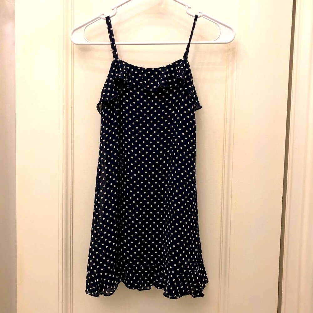 Girls 8 Navy & White Ruffle Polka Dot Dress / Sundress Spaghetti Straps